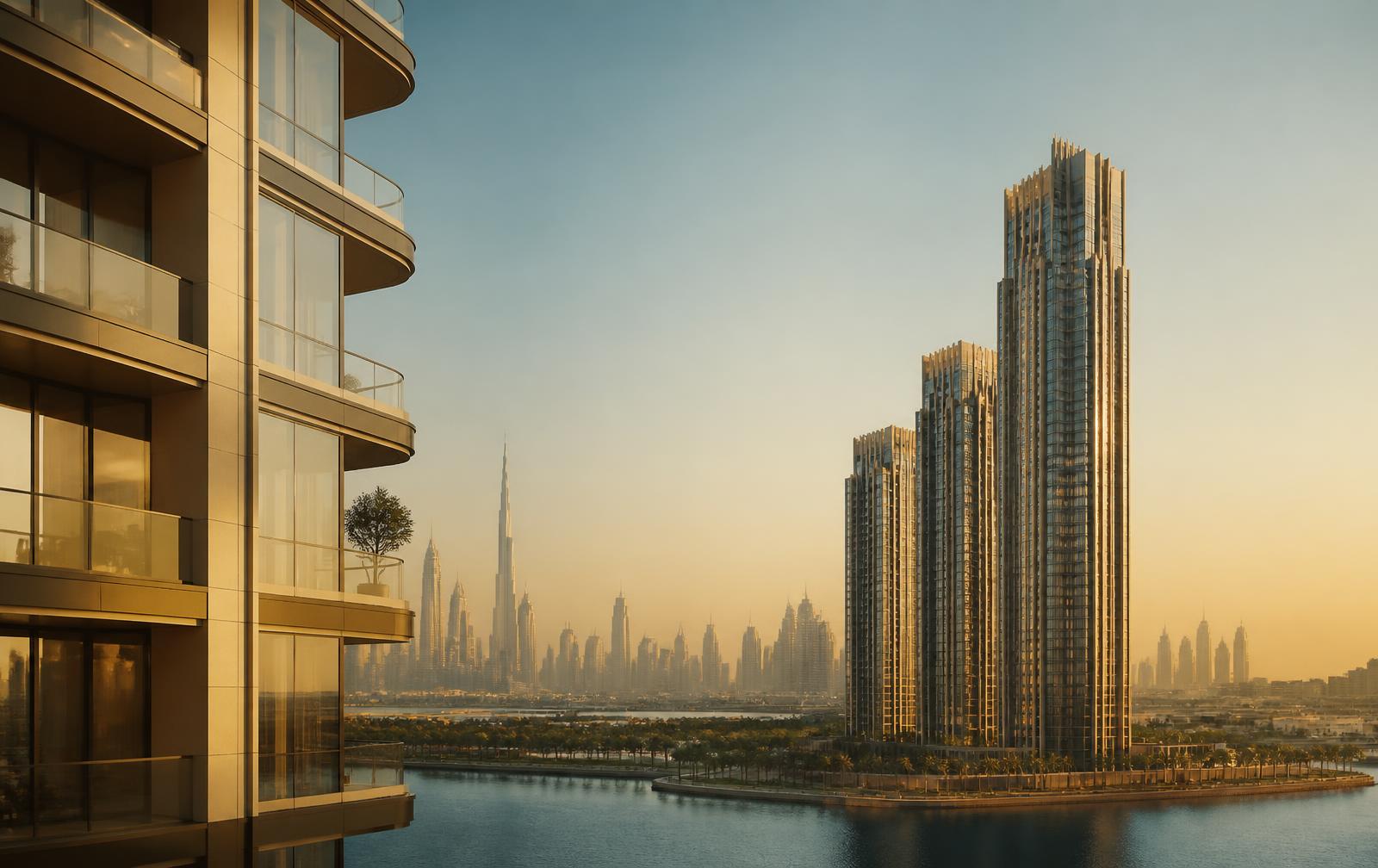 Dubai apartment towers along the waterfront at dusk